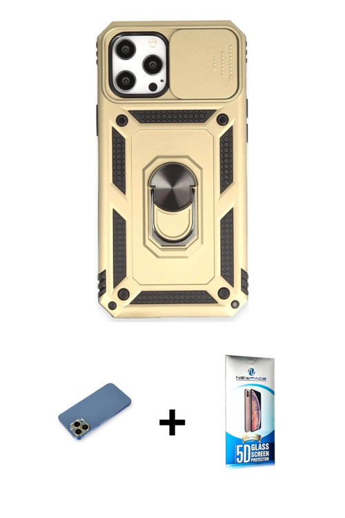 ieg™ iPhone 12 Pro Max Kılıf Ahenk Klasik - Siyah 5D Eko Cam Ekran Koruyucu + Gold Shine Kamera Lens