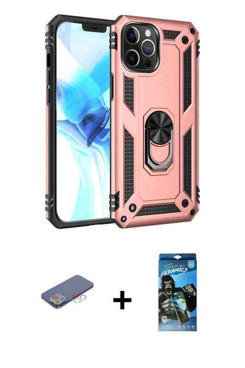ieg™ iPhone 12 Pro Max Kılıf Ahenk Klasik Koleksiyonu - Siyah 34D Izgaralı Cam + Mavi Renkli Kamera