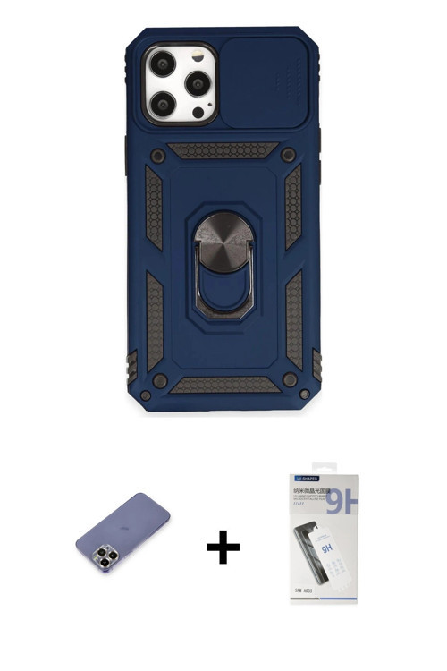 ieg™ iPhone 12 Pro Max Kılıf Ahenk Klasik - Şeffaf Uv Polymer Nano Ekran Koruyucu + Gold Metal Kamer