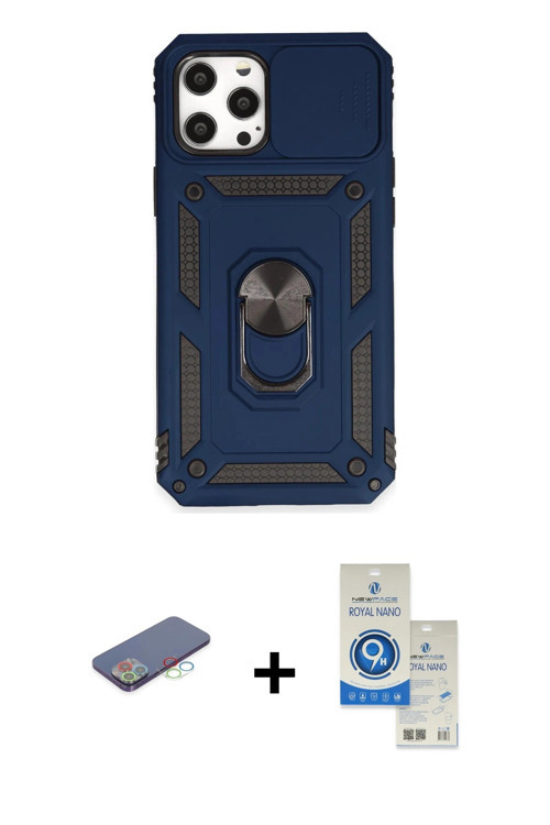 ieg™ iPhone 12 Pro Max Kılıf Ahenk Klasik - Şeffaf Royal Nano Ekran Koruyucu + Mavi Renkli Kamera Le