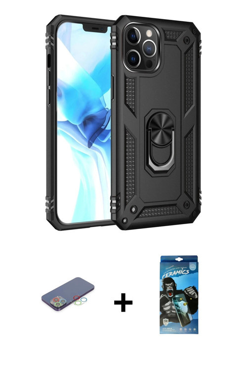 ieg™ iPhone 12 Pro Max Kılıf Ahenk Klasik Koleksiyonu - Siyah 34D Izgaralı Cam + Mavi Renkli Kamera