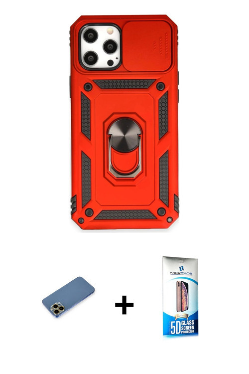 ieg™ iPhone 12 Pro Max Kılıf Ahenk Klasik - Siyah 5D Eko Cam Ekran Koruyucu + Gold Shine Kamera Lens