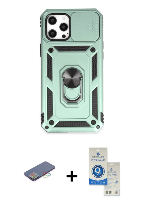 ieg™ iPhone 12 Pro Max Kılıf Ahenk Klasik - Şeffaf Royal Nano Ekran Koruyucu + Mavi Renkli Kamera Le