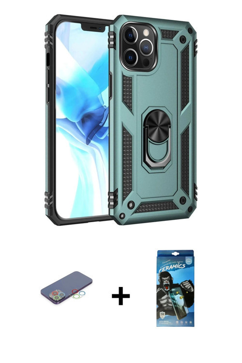 ieg™ iPhone 12 Pro Max Kılıf Ahenk Klasik Koleksiyonu - Siyah 34D Izgaralı Cam + Mavi Renkli Kamera