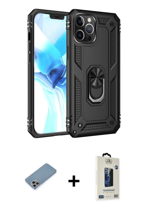 ieg™ iPhone 12 Pro Max Kılıf Ahenk Klasik Koleksiyonu - Siyah Bilvis Hayalet Cam Ekran Koruyucu + Gö