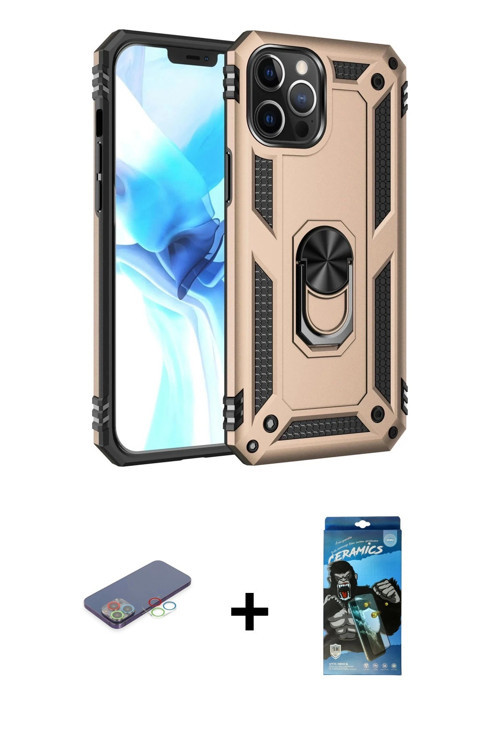 ieg™ iPhone 12 Pro Max Kılıf Ahenk Klasik Koleksiyonu - Siyah 34D Izgaralı Cam + Mavi Renkli Kamera