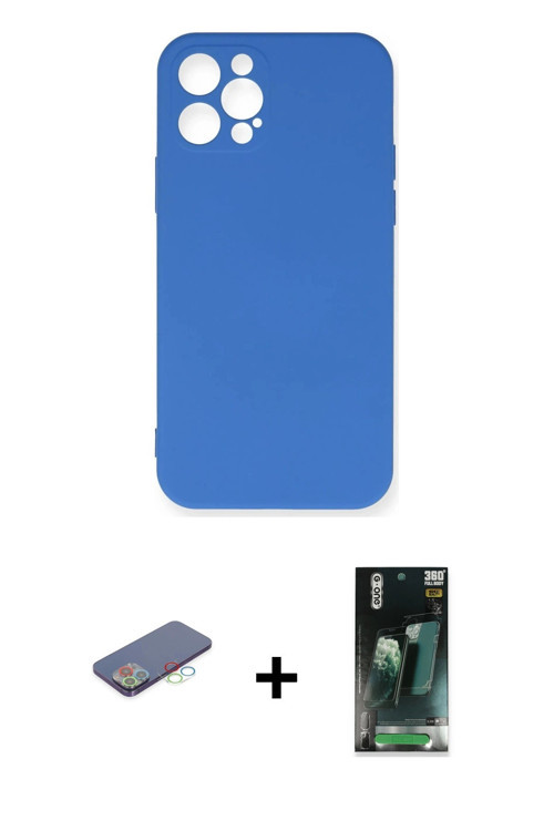 ieg™ iPhone 12 Pro Max Kılıf Ahenk Serisi - Şeffaf 360 Full Body Arka Koruyucu + Mavi Renkli Kamera