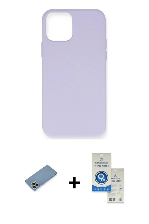 ieg™ iPhone 12 Pro Max Kılıf Ahenk Serisi - Şeffaf Royal Nano Ekran Koruyucu + Gümüş Shine Kamera Le