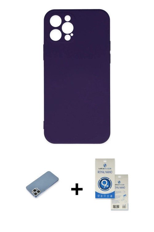 ieg™ iPhone 12 Pro Max Kılıf Ahenk Serisi - Şeffaf Royal Nano Ekran Koruyucu + Gümüş Shine Kamera Le