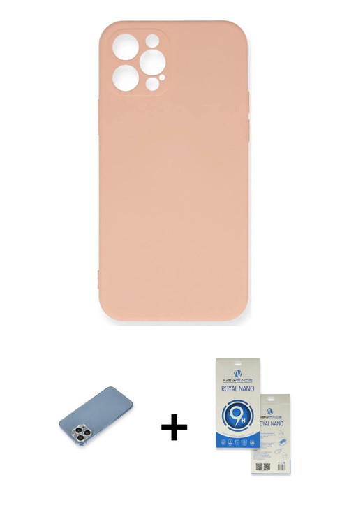 ieg™ iPhone 12 Pro Max Kılıf Ahenk Serisi - Şeffaf Royal Nano Ekran Koruyucu + Gümüş Shine Kamera Le