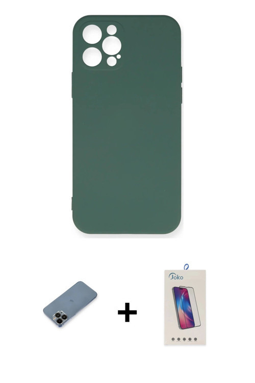 ieg™ iPhone 12 Pro Max Kılıf Ahenk Serisi - Siyah Joko 5D Cam + Siyah Shine Kamera Lens Koruma Cam