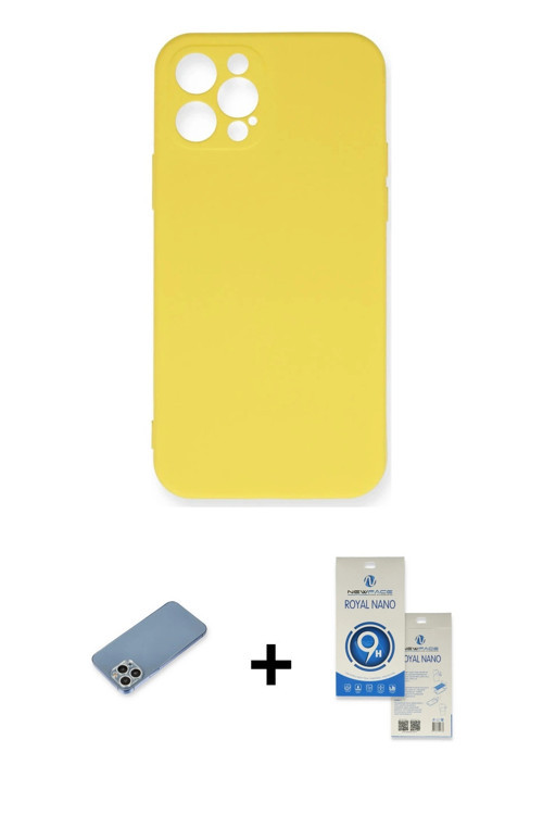 ieg™ iPhone 12 Pro Max Kılıf Ahenk Serisi - Şeffaf Royal Nano Ekran Koruyucu + Gümüş Shine Kamera Le