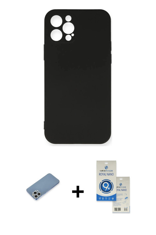 ieg™ iPhone 12 Pro Max Kılıf Ahenk Serisi - Şeffaf Royal Nano Ekran Koruyucu + Gümüş Shine Kamera Le