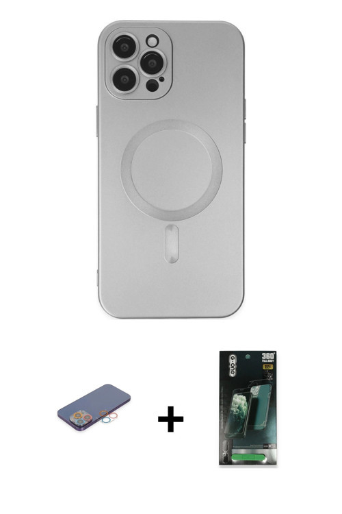 ieg™ iPhone 12 Pro Max Kılıf Akış Minimal Özel Seri - Şeffaf 360 Full Body Arka Koruyucu + Pembe Ren