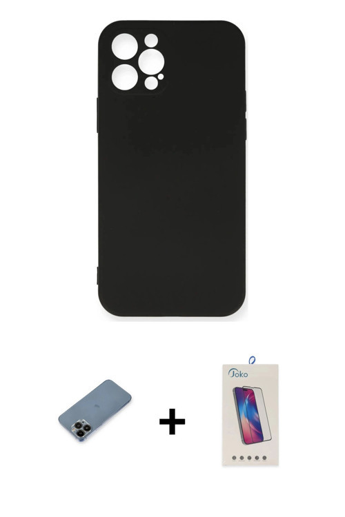 ieg™ iPhone 12 Pro Max Kılıf Ahenk Serisi - Siyah Joko 5D Cam + Siyah Shine Kamera Lens Koruma Cam