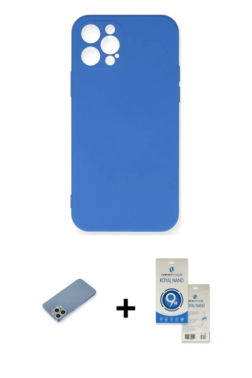 ieg™ iPhone 12 Pro Max Kılıf Ahenk Serisi - Şeffaf Royal Nano Ekran Koruyucu + Gümüş Shine Kamera Le
