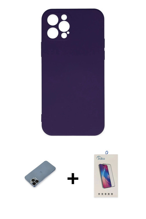ieg™ iPhone 12 Pro Max Kılıf Ahenk Serisi - Siyah Joko 5D Cam + Siyah Shine Kamera Lens Koruma Cam