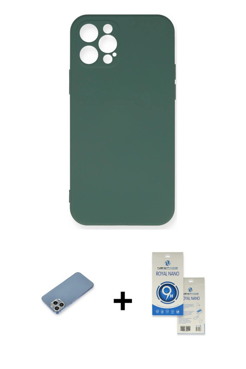 ieg™ iPhone 12 Pro Max Kılıf Ahenk Serisi - Şeffaf Royal Nano Ekran Koruyucu + Gümüş Shine Kamera Le