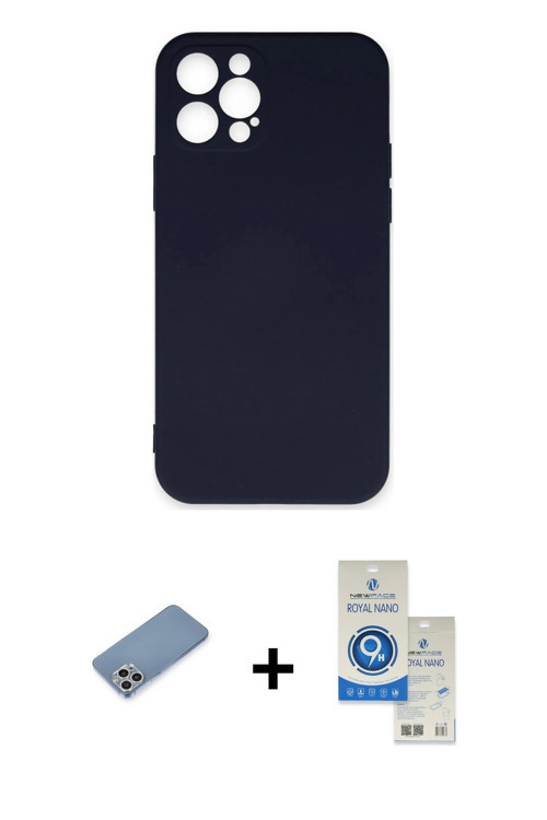 ieg™ iPhone 12 Pro Max Kılıf Ahenk Serisi - Şeffaf Royal Nano Ekran Koruyucu + Gümüş Shine Kamera Le