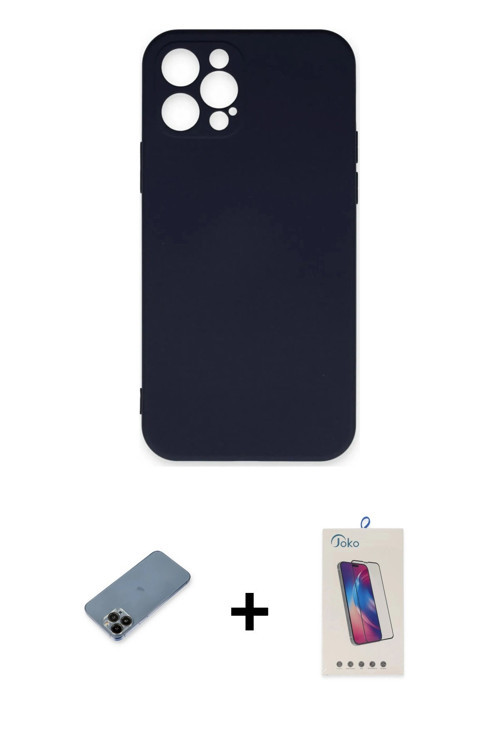 ieg™ iPhone 12 Pro Max Kılıf Ahenk Serisi - Siyah Joko 5D Cam + Siyah Shine Kamera Lens Koruma Cam