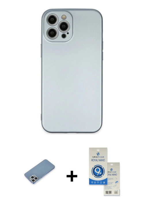 ieg™ iPhone 12 Pro Max Kılıf Ahenk Serisi - Şeffaf Royal Nano Ekran Koruyucu + Gümüş Shine Kamera Le