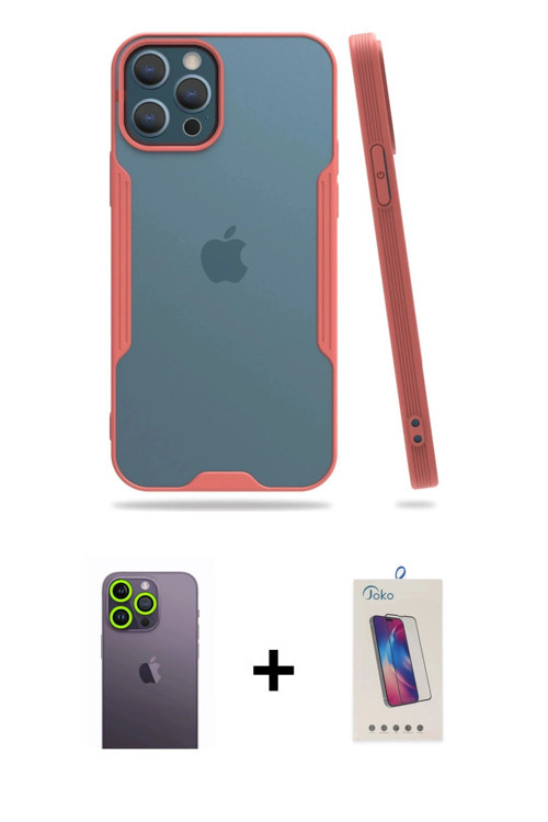 ieg™ iPhone 12 Pro Max Kılıf Atlas Asil Serisi - Siyah Joko 5D Cam + Yeşil Neon Fosforlu Kamera Lens