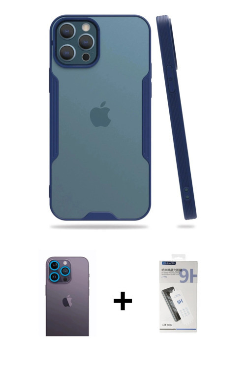 ieg™ iPhone 12 Pro Max Kılıf Atlas Asil Serisi - Şeffaf Uv Polymer Nano Ekran Koruyucu + Mavi Neon F
