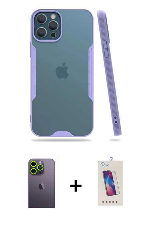 ieg™ iPhone 12 Pro Max Kılıf Atlas Asil Serisi - Siyah Joko 5D Cam + Yeşil Neon Fosforlu Kamera Lens