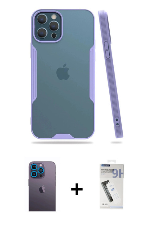 ieg™ iPhone 12 Pro Max Kılıf Atlas Asil Serisi - Şeffaf Uv Polymer Nano Ekran Koruyucu + Mavi Neon F