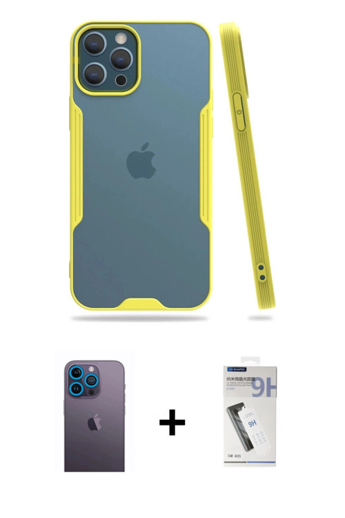 ieg™ iPhone 12 Pro Max Kılıf Atlas Asil Serisi - Şeffaf Uv Polymer Nano Ekran Koruyucu + Mavi Neon F