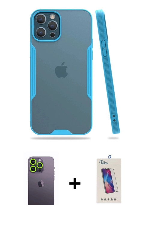 ieg™ iPhone 12 Pro Max Kılıf Atlas Asil Serisi - Siyah Joko 5D Cam + Yeşil Neon Fosforlu Kamera Lens