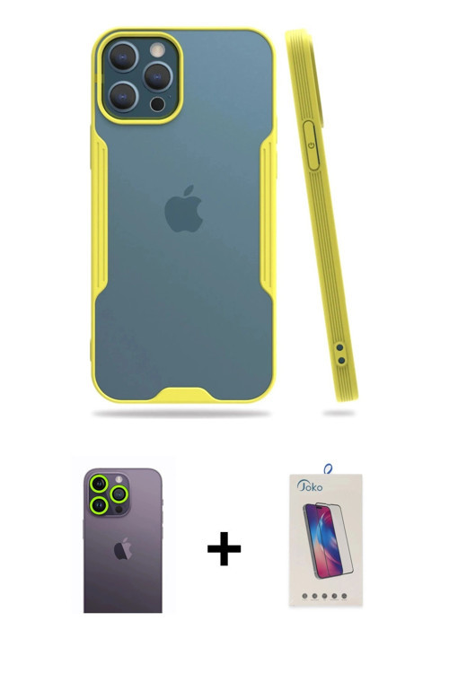 ieg™ iPhone 12 Pro Max Kılıf Atlas Asil Serisi - Siyah Joko 5D Cam + Yeşil Neon Fosforlu Kamera Lens