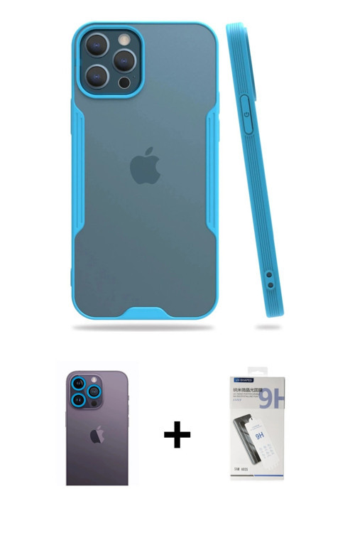 ieg™ iPhone 12 Pro Max Kılıf Atlas Asil Serisi - Şeffaf Uv Polymer Nano Ekran Koruyucu + Mavi Neon F