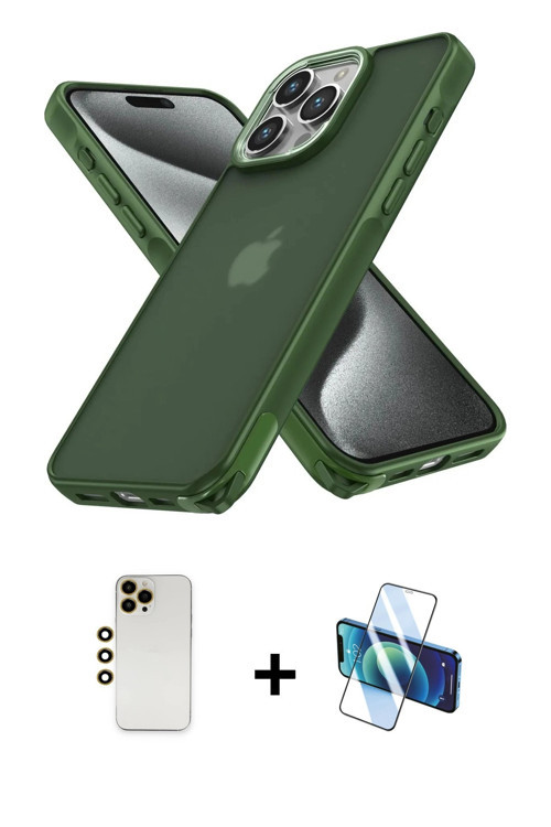ieg™ iPhone 12 Pro Max Kılıf Atlas Form - Siyah 3D Antistatik Cam Ekran Koruyucu + Gold Shine Kamera