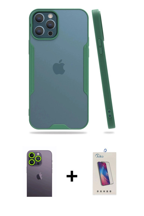 ieg™ iPhone 12 Pro Max Kılıf Atlas Asil Serisi - Siyah Joko 5D Cam + Yeşil Neon Fosforlu Kamera Lens