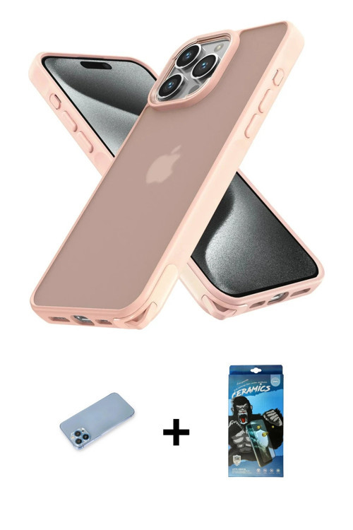 ieg™ iPhone 12 Pro Max Kılıf Atlas Form - Siyah 34D Izgaralı Cam + Mavi Shine Kamera Lens Koruma Cam