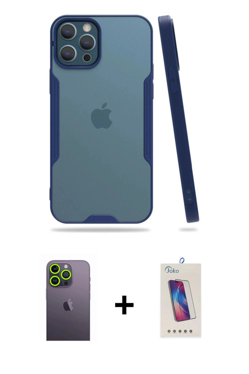 ieg™ iPhone 12 Pro Max Kılıf Atlas Asil Serisi - Siyah Joko 5D Cam + Yeşil Neon Fosforlu Kamera Lens