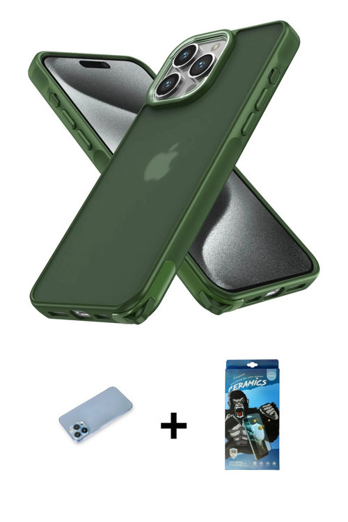 ieg™ iPhone 12 Pro Max Kılıf Atlas Form - Siyah 34D Izgaralı Cam + Mavi Shine Kamera Lens Koruma Cam