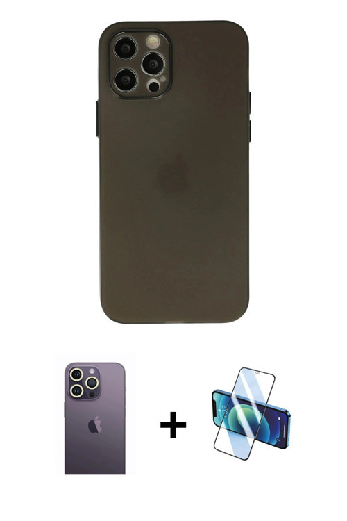 iPhone 12 Pro Max Kılıf Atlas Minimal Prime - Siyah 3D Antistatik Seramik Nano Ekran Koruyucu +