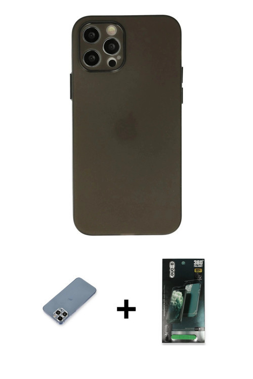 ieg™ iPhone 12 Pro Max Kılıf Atlas Minimal Prime - Siyah 360 Mat Full Body Arka Koruyucu + Gümüş Met