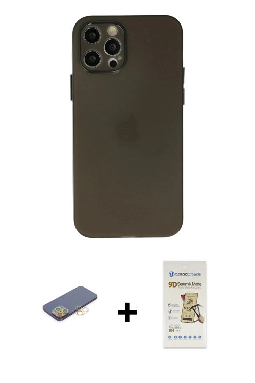 ieg™ iPhone 12 Pro Max Kılıf Atlas Minimal Prime - Siyah Mat Seramik Nano Ekran Koruyucu + Sarı Renk