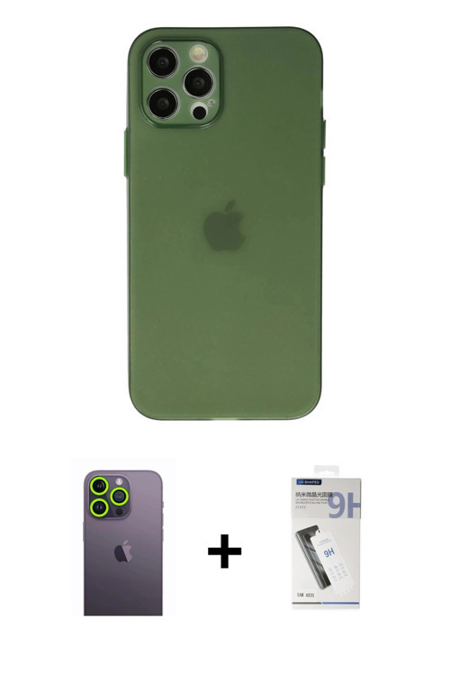ieg™ iPhone 12 Pro Max Kılıf Atlas Minimal Prime - Şeffaf Uv Polymer Nano Ekran Koruyucu + Yeşil Neo