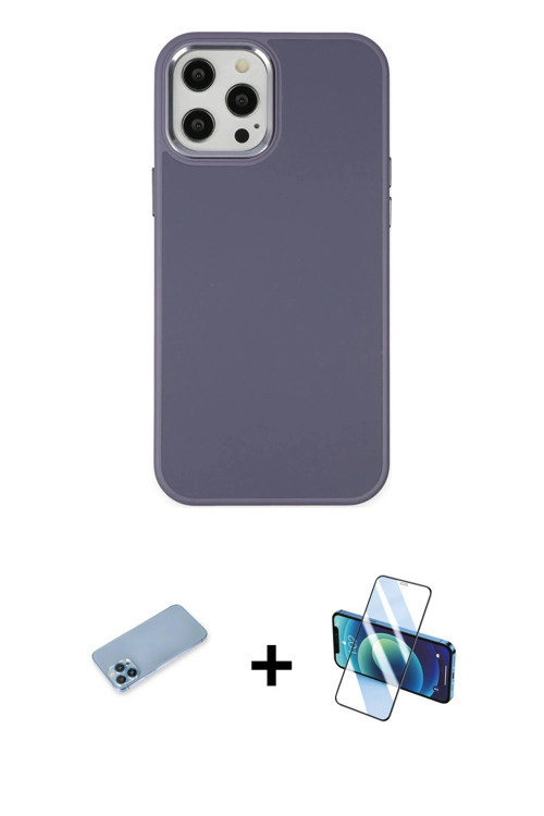 ieg™ iPhone 12 Pro Max Kılıf Çekirdek Çizgi - Siyah 3D Antistatik Cam Ekran Koruyucu + Mavi Shine Ka