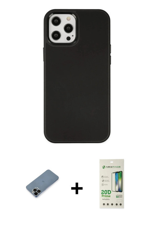 ieg™ iPhone 12 Pro Max Kılıf Çekirdek Çizgi - Siyah 20D Premium Cam Ekran Koruyucu + Siyah Shine Kam