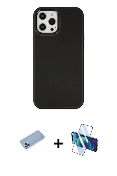 ieg™ iPhone 12 Pro Max Kılıf Çekirdek Çizgi - Siyah 3D Antistatik Cam Ekran Koruyucu + Mavi Shine Ka