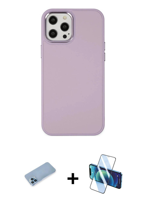 ieg™ iPhone 12 Pro Max Kılıf Çekirdek Çizgi - Siyah 3D Antistatik Cam Ekran Koruyucu + Mavi Shine Ka