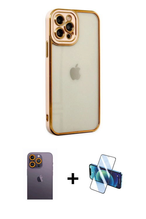 ieg™ iPhone 12 Pro Max Kılıf Çekirdek Klasik Serisi - Siyah 3D Antistatik Cam Ekran Koruyucu + Sarı
