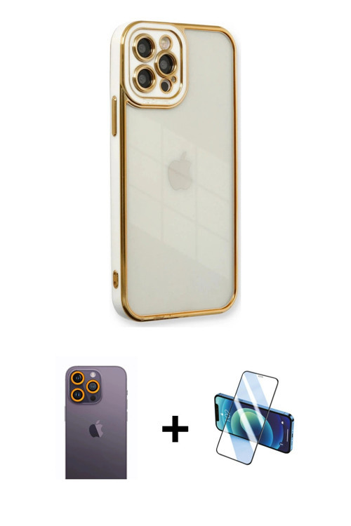 ieg™ iPhone 12 Pro Max Kılıf Çekirdek Klasik Serisi - Siyah 3D Antistatik Cam Ekran Koruyucu + Sarı