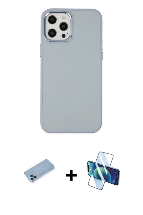 ieg™ iPhone 12 Pro Max Kılıf Çekirdek Çizgi - Siyah 3D Antistatik Cam Ekran Koruyucu + Mavi Shine Ka
