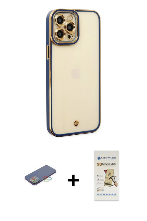 ieg™ iPhone 12 Pro Max Kılıf Çekirdek Klasik Serisi - Siyah Mat Seramik Nano Ekran Koruyucu + Mavi R